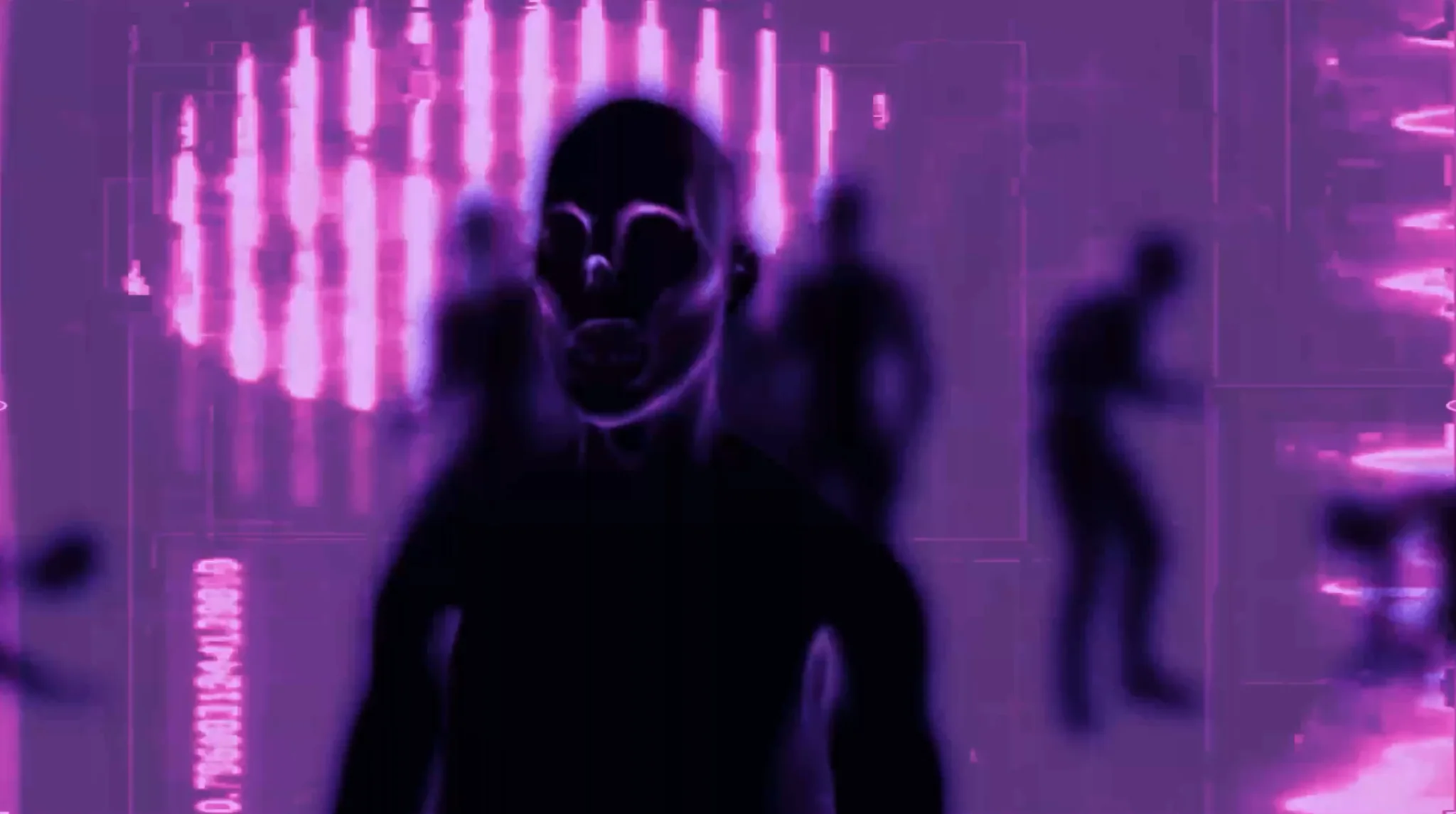 A dancefloor lit in purple, silhouettes moving under strip lights